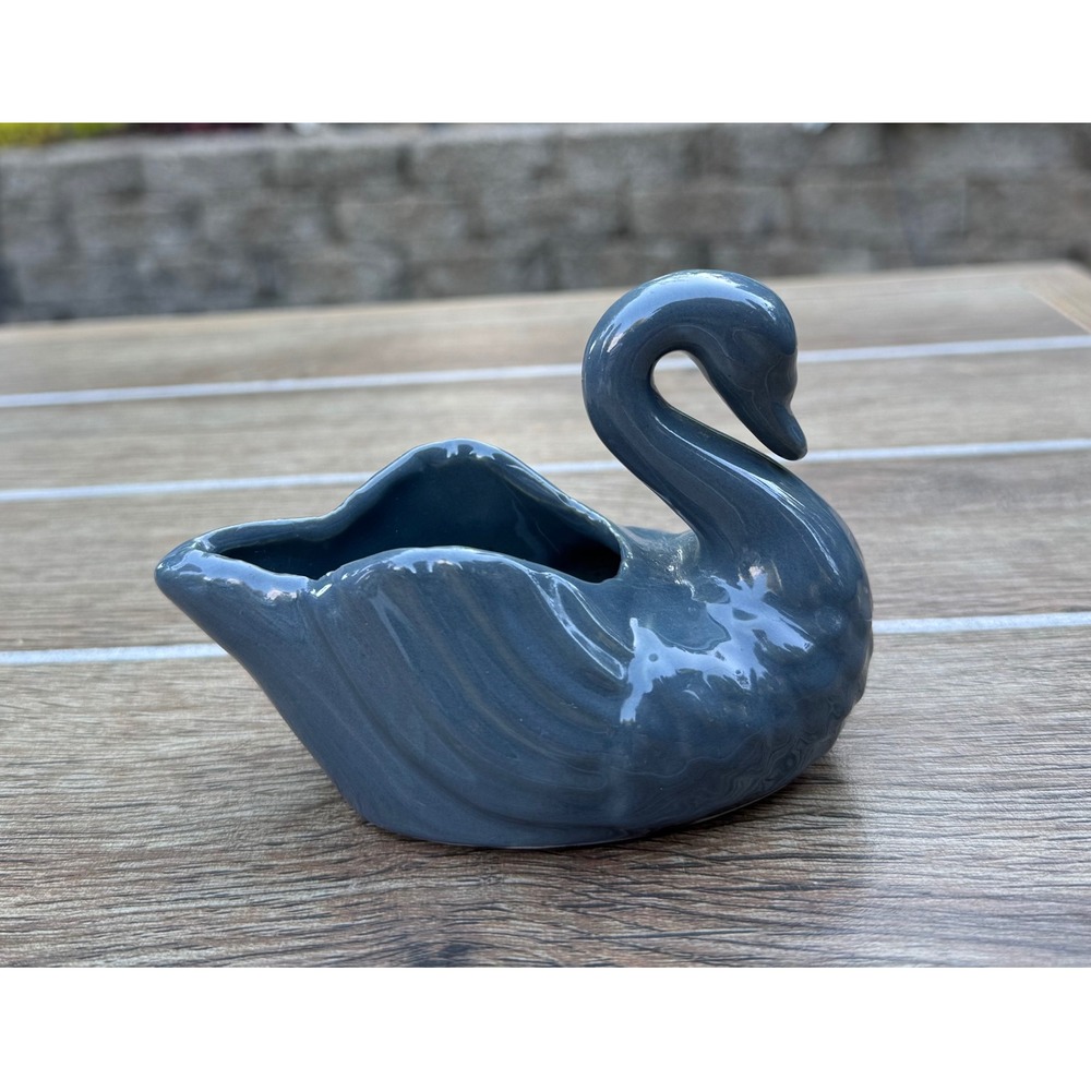 Vintage Ceramic Swan Planter Trinket Dish Glossy Slate Blue Gray Bird Figurine